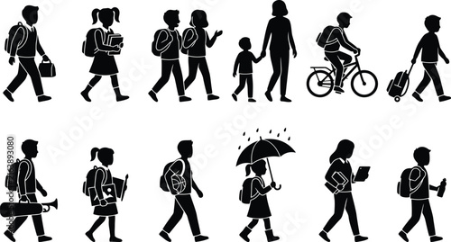 Black silhouette of school children walking, cycling, and carrying backpacks, books, or musical instruments on their way to school daily