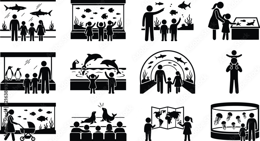 Fototapeta premium Collection of black silhouette depicting families and children visiting a public aquarium to observe various marine life and sea animals