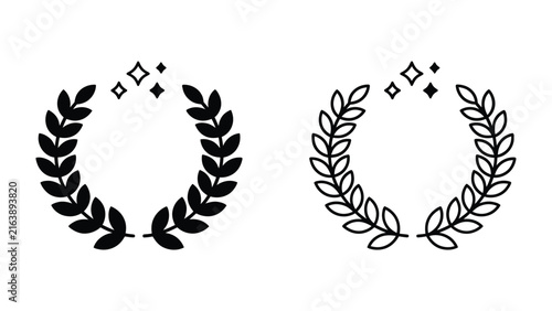 Laurel Wreath Icon: Two stylized laurel wreath icons, one solid and one outline, represent victory and achievement, with a scattering of sparkle accents above.