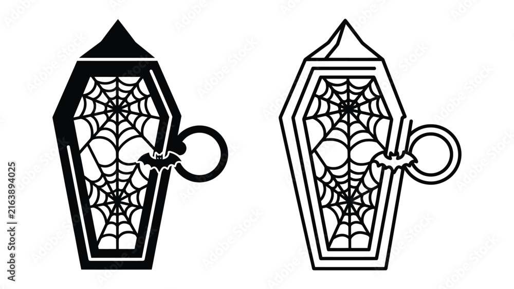 Fototapeta premium Two Halloween Coffin Lanterns: A pair of stylized coffin-shaped lanterns, one black and one outlined, adorned with spiderwebs and a bat, evoking a spooky Halloween atmosphere.
