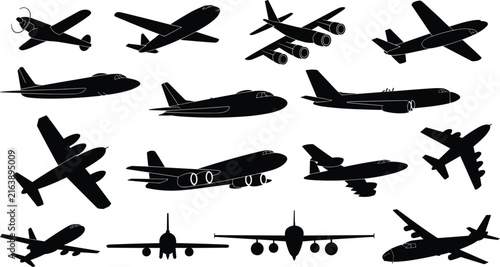 Airplane silhouettes vector set, commercial aviation jetliner icons, military cargo planes collection isolated on white background