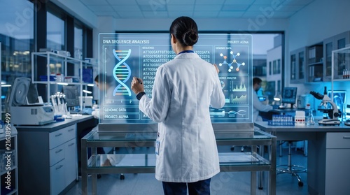 Scientist working in modern biotechnology laboratory analyzing DNA sequence and genomic data on large virtual reality display screen, conducting genetic research and molecular