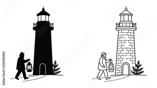 Принти на полотні Lighthouse Keeper's Vigil: A solitary figure, silhouetted and then outlined, walks with a lantern towards a sturdy lighthouse, representing guidance, safety, and maritime heritage