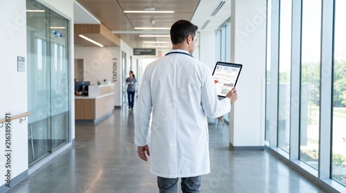 Male doctor in white coat walking down bright modern hospital corridor holding tablet computer with patient data, representing mobile healthcare, digital medical records