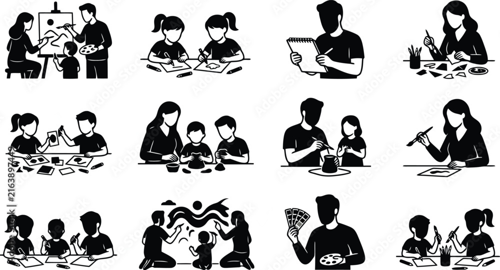 Obraz premium Set of black silhouette showing children and adults engaged in creative activities, painting, and crafting together