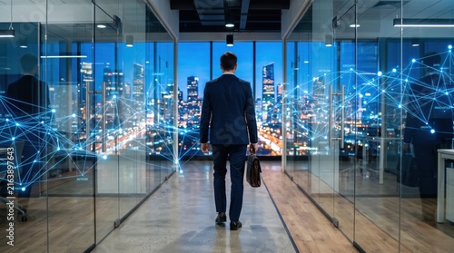 Businessman walking through modern glass office corridor towards city skyline at night, overlaid with blue digital network connection lines representing global communication
