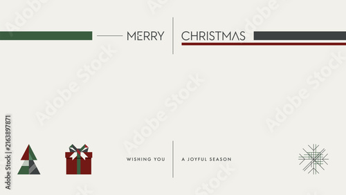 Minimalist Merry Christmas greeting card with abstract geometric elements on light cream color background modern retro style horizontal template have blank space.