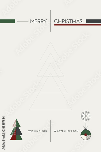 Minimalist Merry Christmas greeting card with abstract geometric elements on light cream color background modern retro style vertical template have blank space.