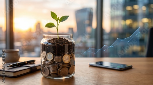 Financial growth showing money jar with plant sprout and rising graph line on office desk, symbolizing investment savings, wealth accumulation, compound interest, and economic