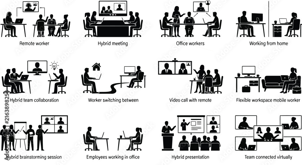 Fototapeta premium Set of black silhouette showing remote work, hybrid meetings, calls, and virtual collaboration in modern office environments