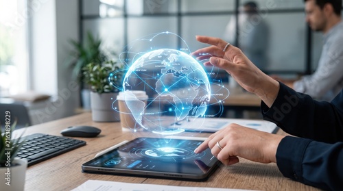Business professional using tablet to control futuristic holographic globe showing global network connections, digital transformation, virtual reality interface for international