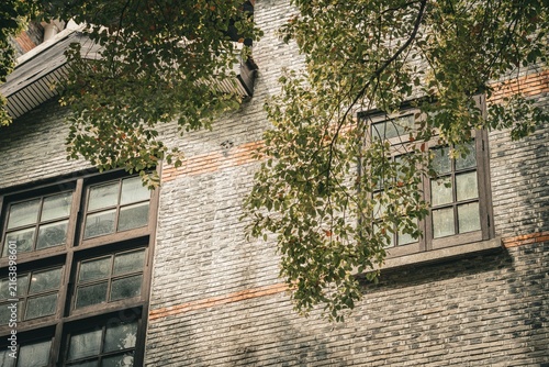 Canvas Print Weathered grey brick facade with patched red brick peeks through autumn leaves,