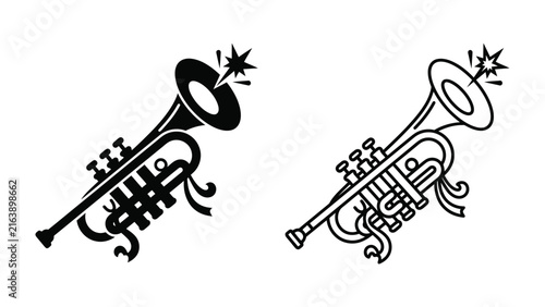 Foto Trumpet Illustration: A stylized illustration of a trumpet, presented in both black silhouette and outline, captures the essence of music and performance