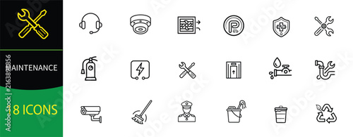 Maintenance Line Icon Set Vector – Security, Repair, Cleaning and Building Services Outline Icons