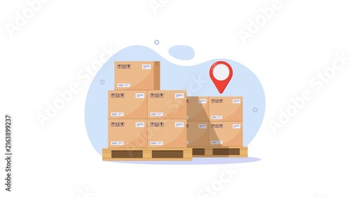4K animation of Stacked Shipping Boxes On Pallets With Location Pin Illustrating Warehouse Logistics And Parcel Delivery
