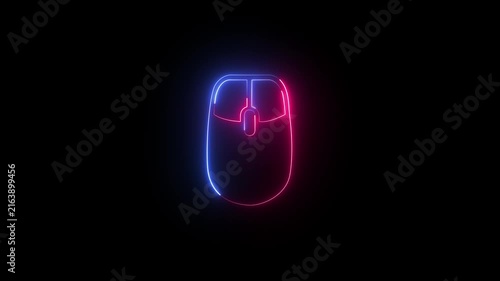 Glowing blue and pink neon computer mouse clicking animation. Wireless hardware element in seamless loop. 4K digital technology motion graphic.
