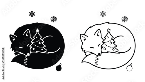 Фотография Sleeping Fox with Christmas Tree Silhouette: Two adorable foxes, one in black silhouette and one in outline, are curled up asleep next to a festive Christmas tree adorned with ornaments