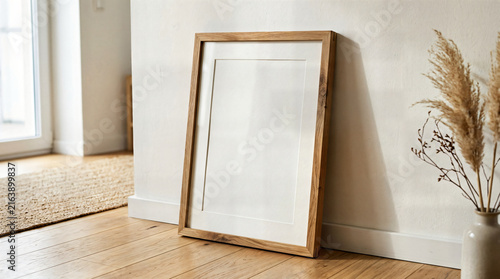 Empty wooden picture frame leaning against white wall on wooden floor