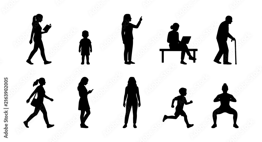 Obraz premium Diverse Human Silhouettes Collection, Vector Icons for People, Activities, and Lifestyle Concepts, Simple Black Figures