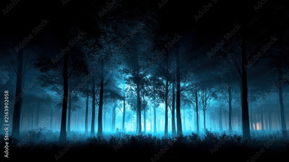 Naklejka premium Forest trees silhouettes in dark blue mist