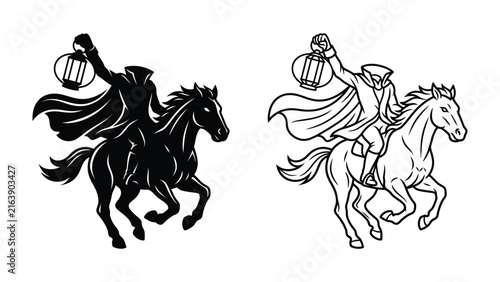 Obraz na płótnie Headless Horseman on Horseback: A mysterious and iconic figure of the Headless Horseman rides a galloping horse, holding a lantern aloft as he charges through the night