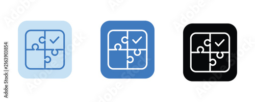 Foto Problem solving and jigsaw puzzle match line icon set with check mark symbol rep