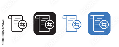 Document exchange and transfer icon set with bidirectional arrows, representing file transactions, data flow, and synchronization in outline and filled styles