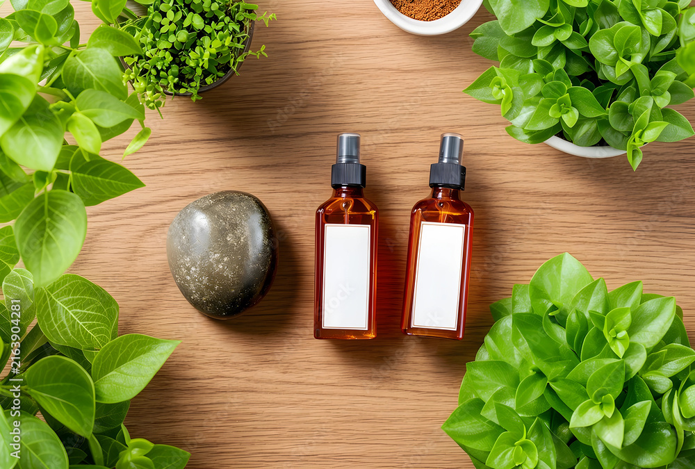 Fototapeta premium Natural skincare and wellness products, organic beauty with plant-based ingredients, essential oil spray bottles on wood background