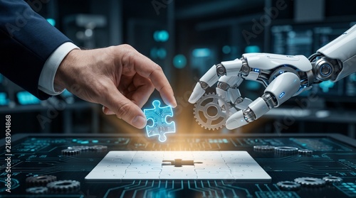 Obraz na płótnie Human artificial intelligence collaboration with puzzle connection representing innovation, automation and problem solving