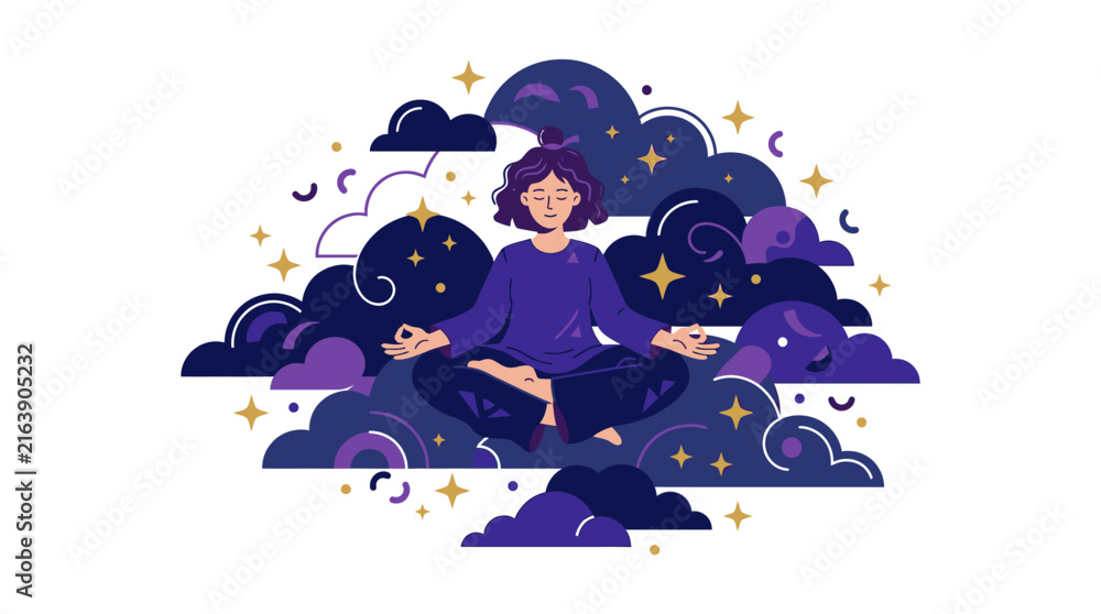 Naklejka premium Woman meditating peacefully amidst starry clouds