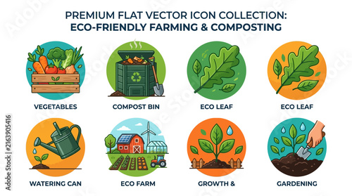 Flat Vector Icon Collection of Eco-Friendly Farming and Composting Methods for Sustainable Agriculture Projects