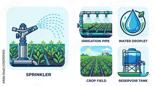 Flat Vector Icon Collection Depicting Water Irrigation Systems and Agricultural Farming Equipment for Modern Smart Farm Crop Management