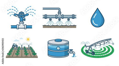 Flat vector icon collection of agricultural irrigation systems and water management equipment for sustainable farming