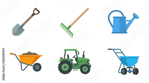 Set of flat vector icons featuring essential gardening tools and agricultural machinery for farm and backyard maintenance