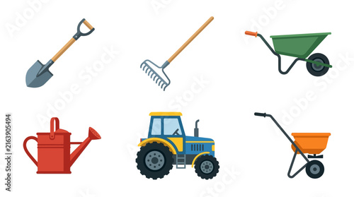 Flat vector icon set of gardening equipment and agricultural machinery for landscaping and farming tasks isolated on white