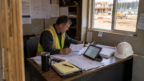 A construction worker in a high-visibility vest reviews blueprints and documents inside a site office overlooking ongoing building work.