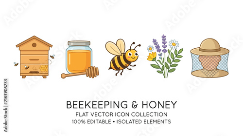 Beekeeping and Honey Themed Flat Vector Icon Collection Featuring Cute Bee Hive Jar and Beekeeper Equipment Elements