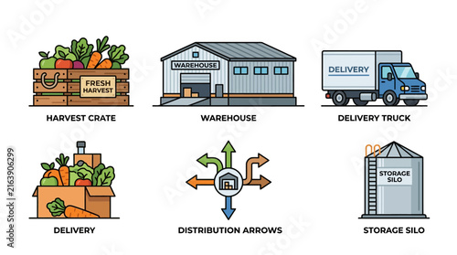 Logistics and Agricultural Distribution Flat Vector Icon Collection Featuring Farm Produce Storage and Delivery Services