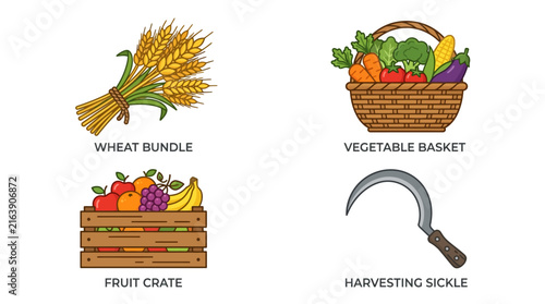 Vector icon collection featuring agricultural harvesting equipment and fresh produce like wheat, vegetables, and fruit