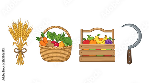 Vector icon collection featuring agricultural harvest produce and tools for farm concept artwork isolated on white background