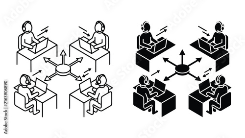 Network connection and central server workspace icon set with connection