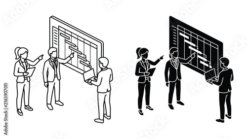 Business team discussing project timeline and gantt chart with management