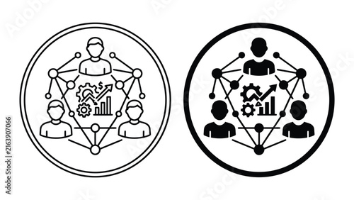 Business teamwork networking and growth strategy icons with business, strategy
