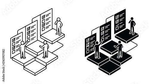 Isometric people working with task lists and checklists data, isometric