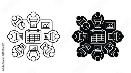 Team meeting around a calendar table icon set in linear and solid styles