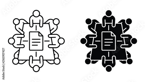 Team meeting with document review icon set in linear and solid styles, document