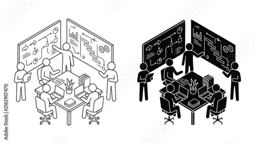 Business team brainstorming meeting with charts and laptops icon set, teamwork