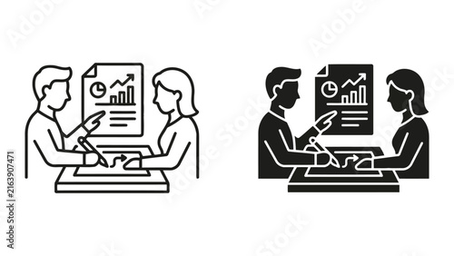 Professional data analysis and business report review icon set with analysis