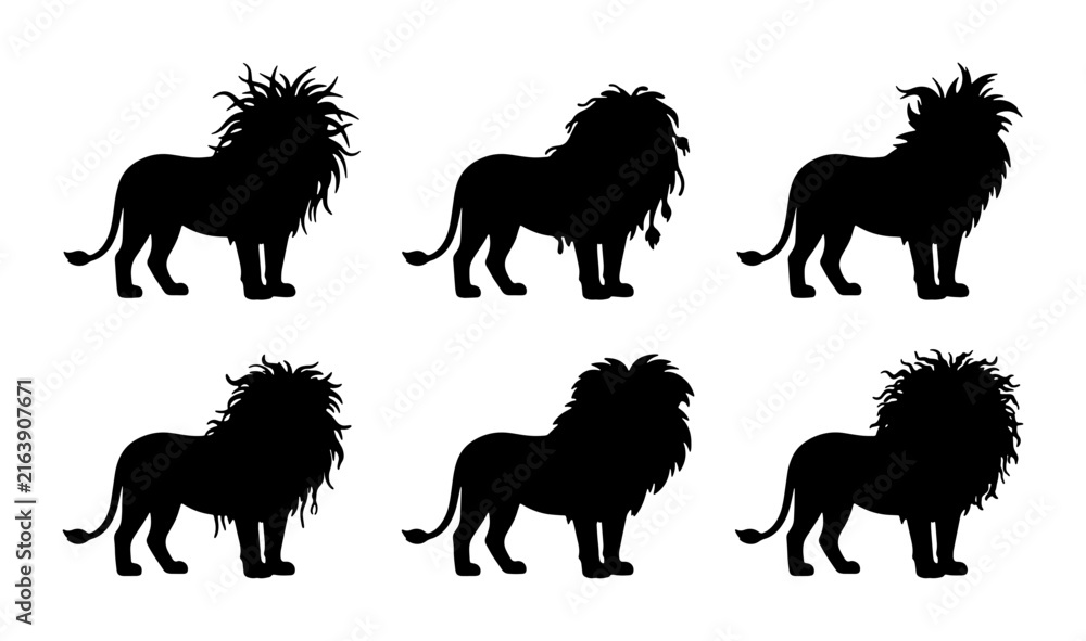Obraz premium Lion Silhouettes Collection, Majestic Feline Vector Icons, Wild Animal Graphic Elements, Powerful King of Jungle Illustrations