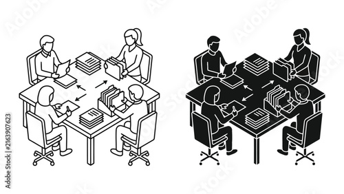 Office team working together on document organization and filing with paperwork